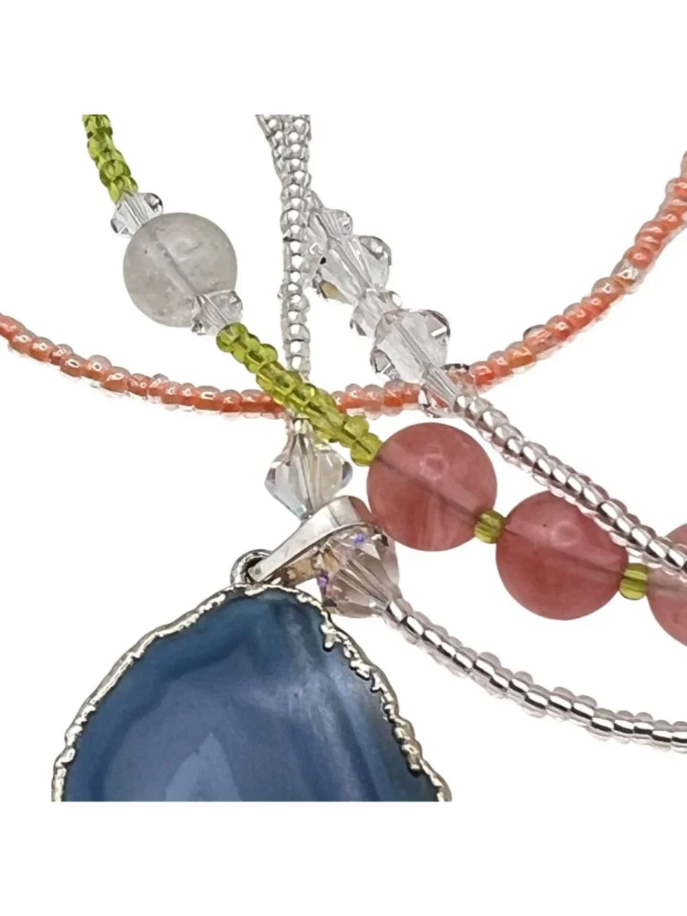 Blue Agate Slice Pendant Necklace Multistrand Beaded Boho Pink Green Glass Layer - Picture 11 of 15